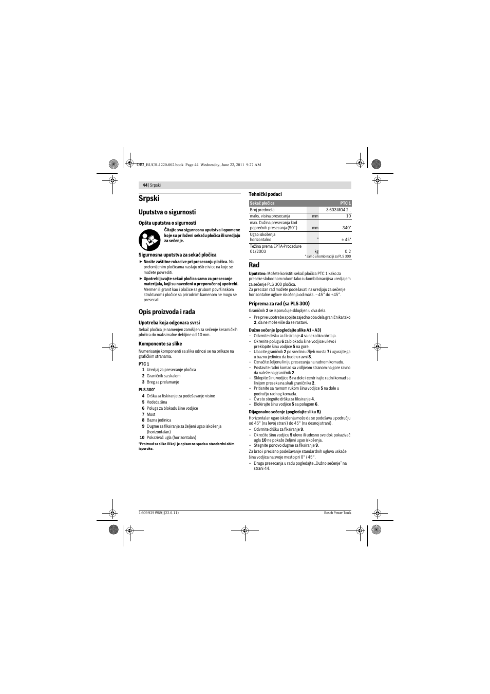 Srpski, Uputstva o sigurnosti, Opis proizvoda i rada | Bosch PTC 1 User Manual | Page 44 / 54