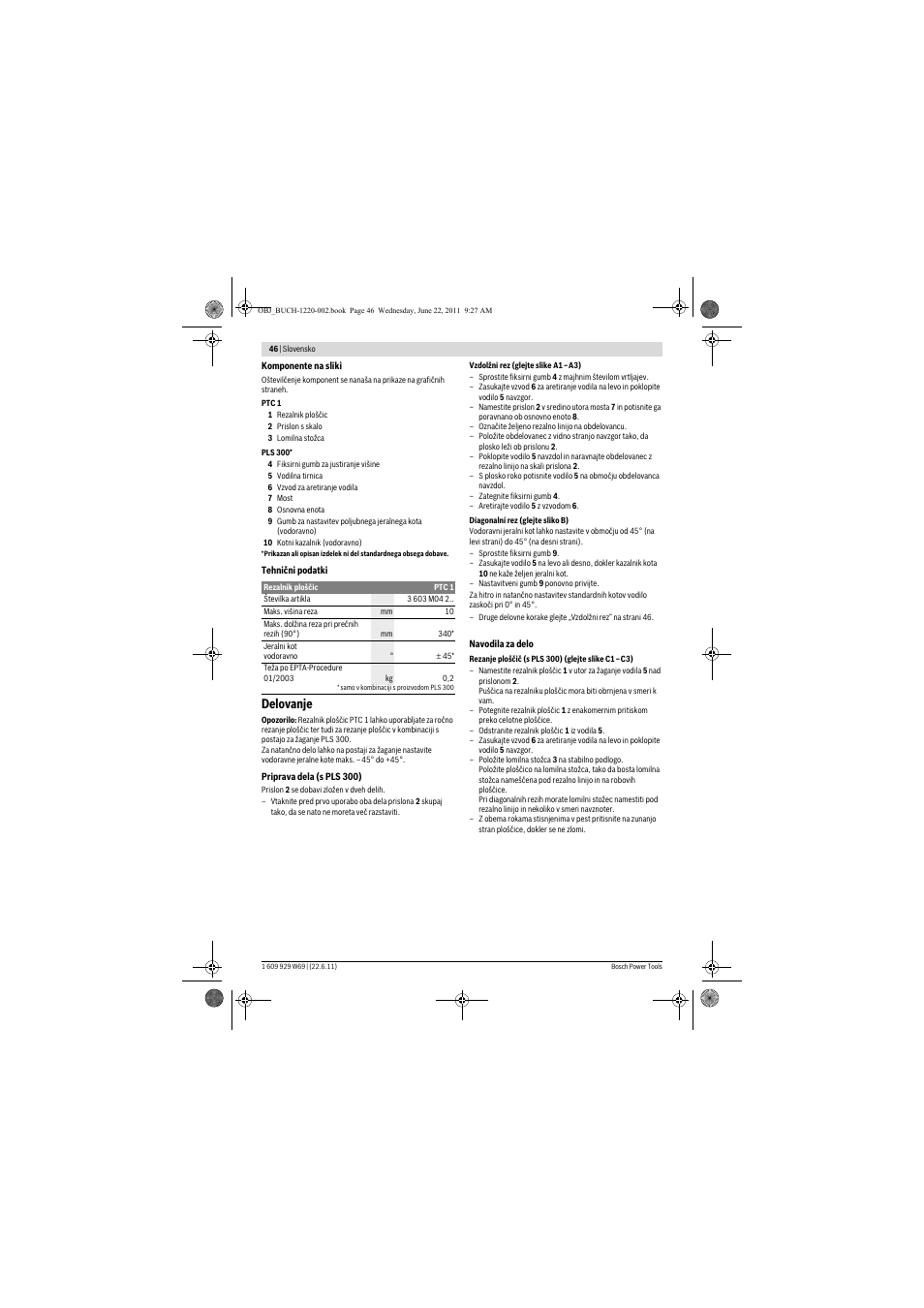 Delovanje | Bosch PTC 1 User Manual | Page 46 / 54