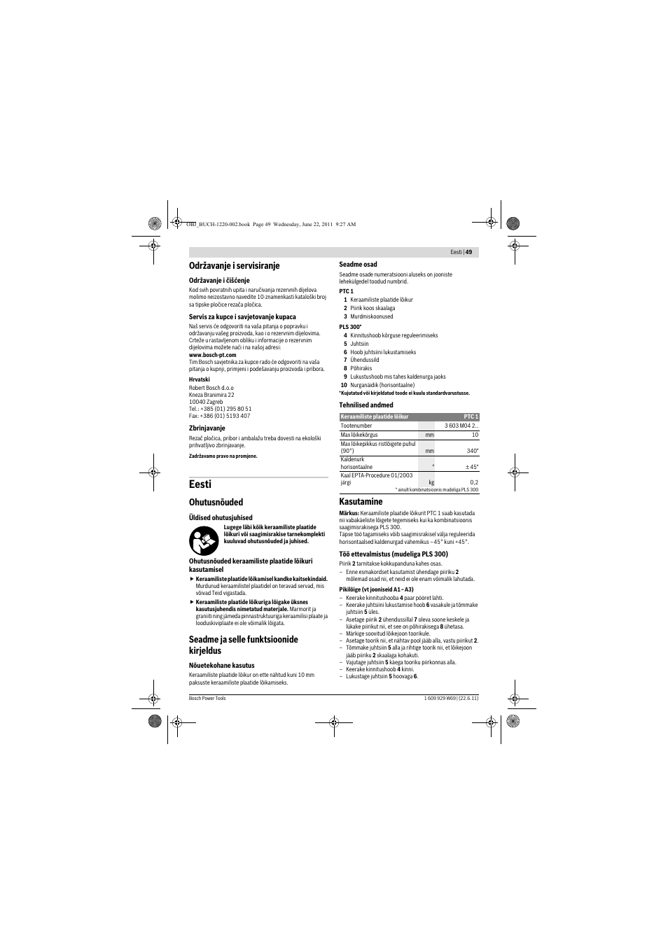 Eesti, Održavanje i servisiranje, Ohutusnõuded | Seadme ja selle funktsioonide kirjeldus, Kasutamine | Bosch PTC 1 User Manual | Page 49 / 54