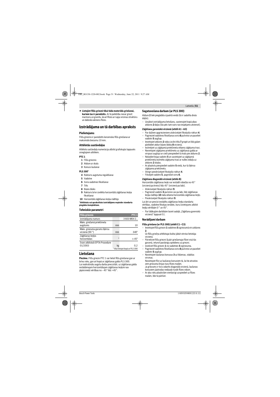 Izstrādājuma un tā darbības apraksts, Lietošana | Bosch PTC 1 User Manual | Page 51 / 54