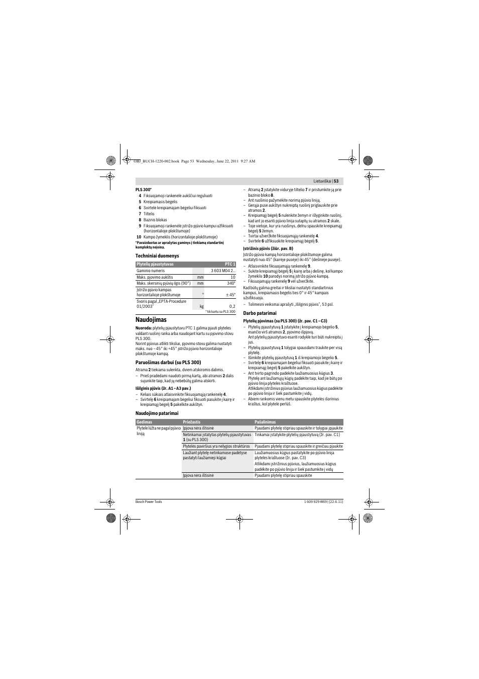 Naudojimas | Bosch PTC 1 User Manual | Page 53 / 54