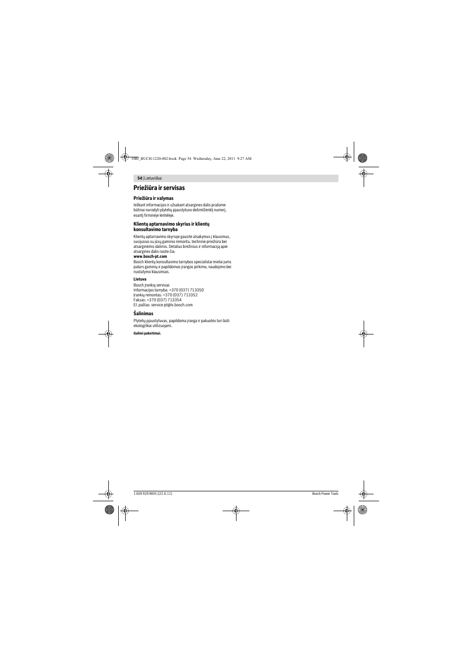 Priežiūra ir servisas | Bosch PTC 1 User Manual | Page 54 / 54