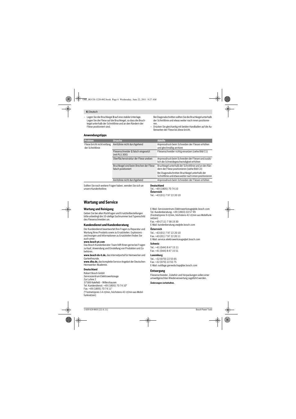 Wartung und service | Bosch PTC 1 User Manual | Page 6 / 54