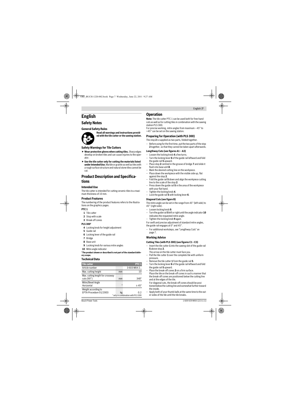English, Product description and specifica- tions, Operation | Bosch PTC 1 User Manual | Page 7 / 54