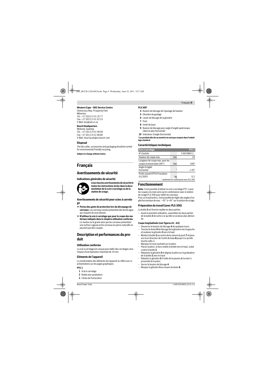 Français, Avertissements de sécurité, Description et performances du pro- duit | Fonctionnement | Bosch PTC 1 User Manual | Page 9 / 54