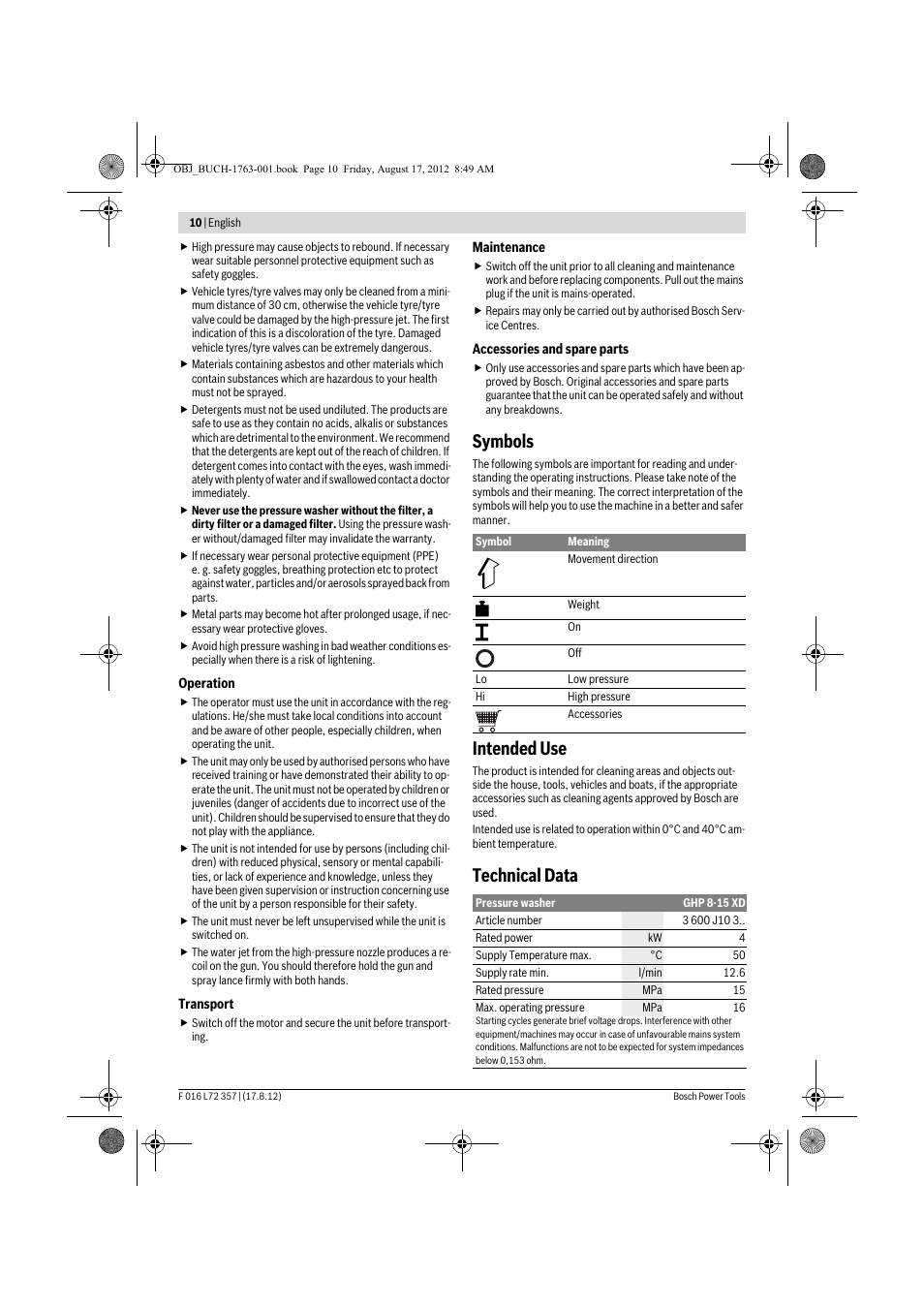 Symbols, Intended use, Technical data | Bosch GHP 8-15 XD Professional User Manual | Page 10 / 182