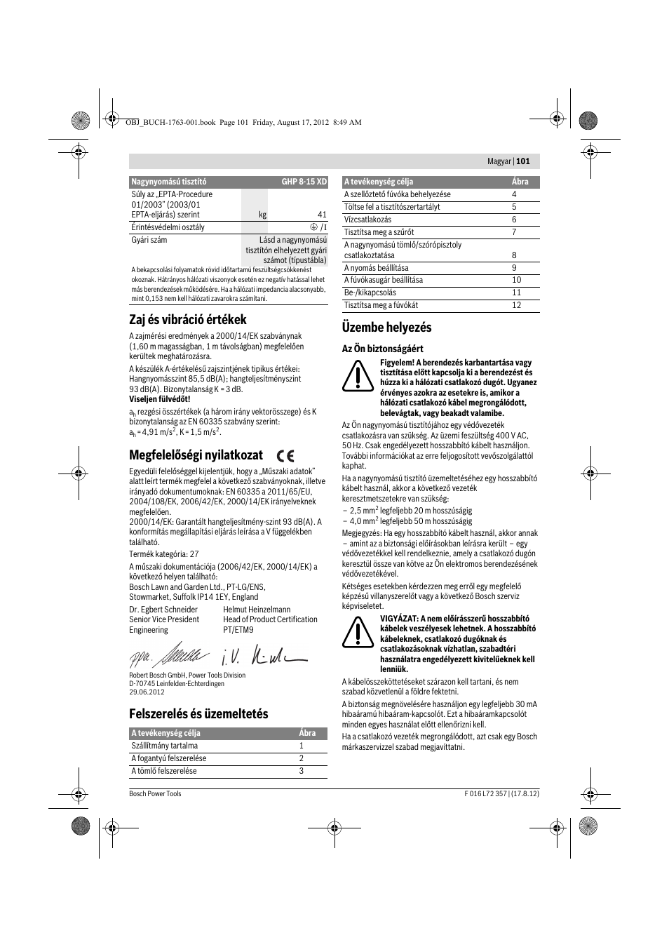 Zaj és vibráció értékek, Megfelelőségi nyilatkozat, Felszerelés és üzemeltetés üzembe helyezés | Bosch GHP 8-15 XD Professional User Manual | Page 101 / 182