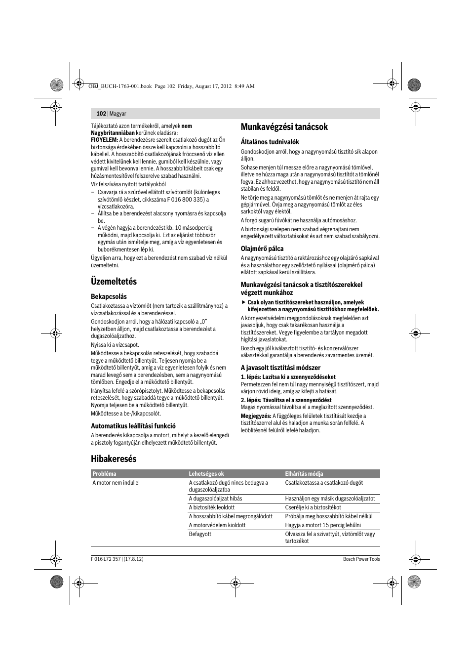 Üzemeltetés, Munkavégzési tanácsok, Hibakeresés | Bosch GHP 8-15 XD Professional User Manual | Page 102 / 182