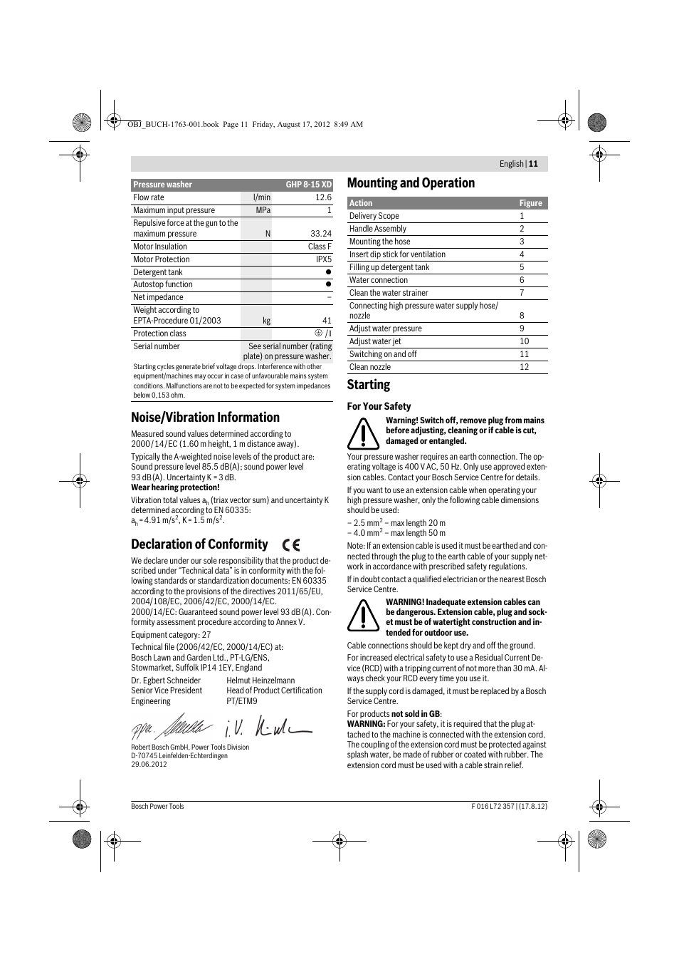 Noise/vibration information, Declaration of conformity, Mounting and operation starting | Bosch GHP 8-15 XD Professional User Manual | Page 11 / 182