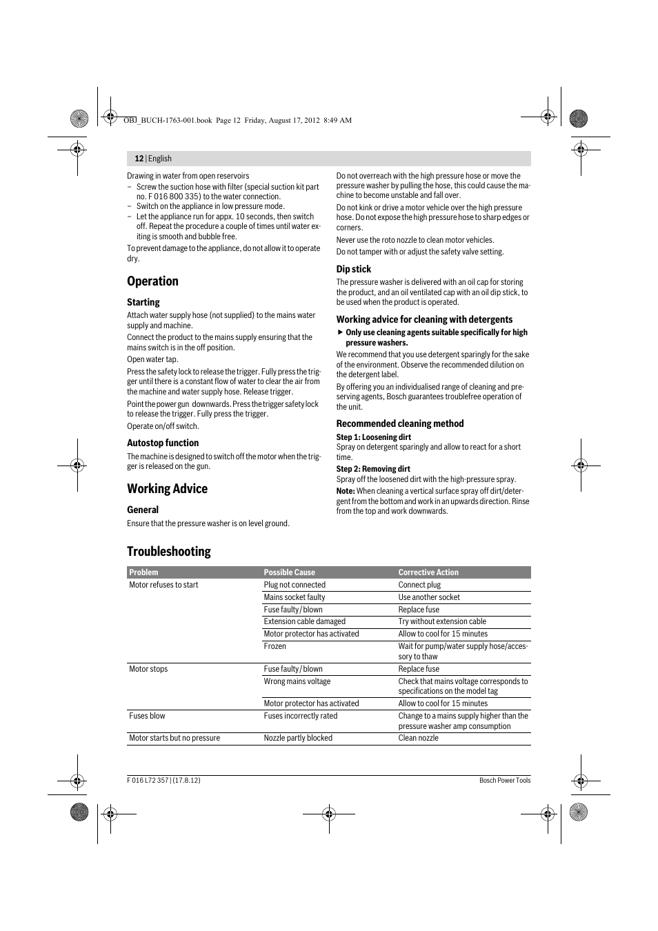 Operation, Working advice, Troubleshooting | Bosch GHP 8-15 XD Professional User Manual | Page 12 / 182