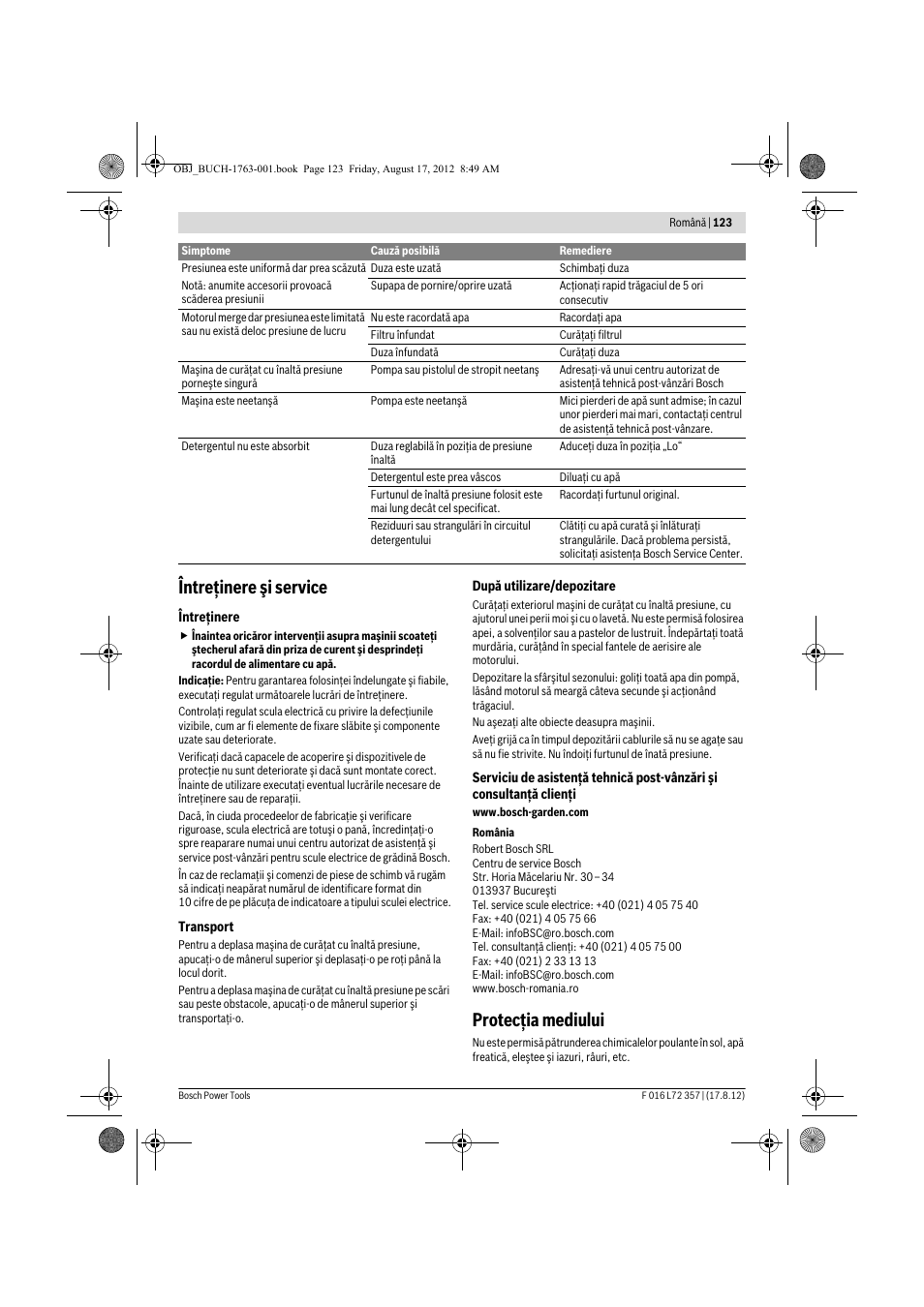Întreţinere şi service, Protecţia mediului | Bosch GHP 8-15 XD Professional User Manual | Page 123 / 182