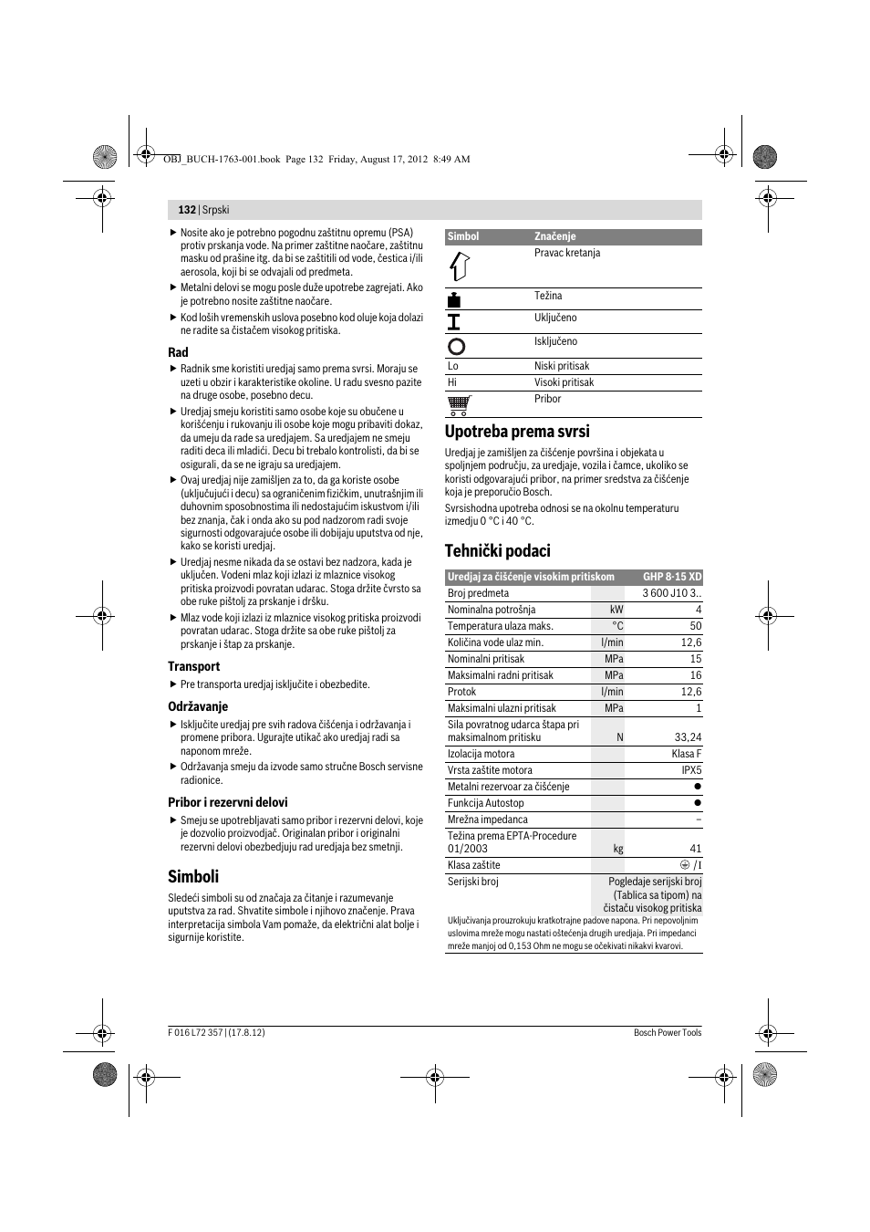 Simboli, Upotreba prema svrsi, Tehnički podaci | Bosch GHP 8-15 XD Professional User Manual | Page 132 / 182