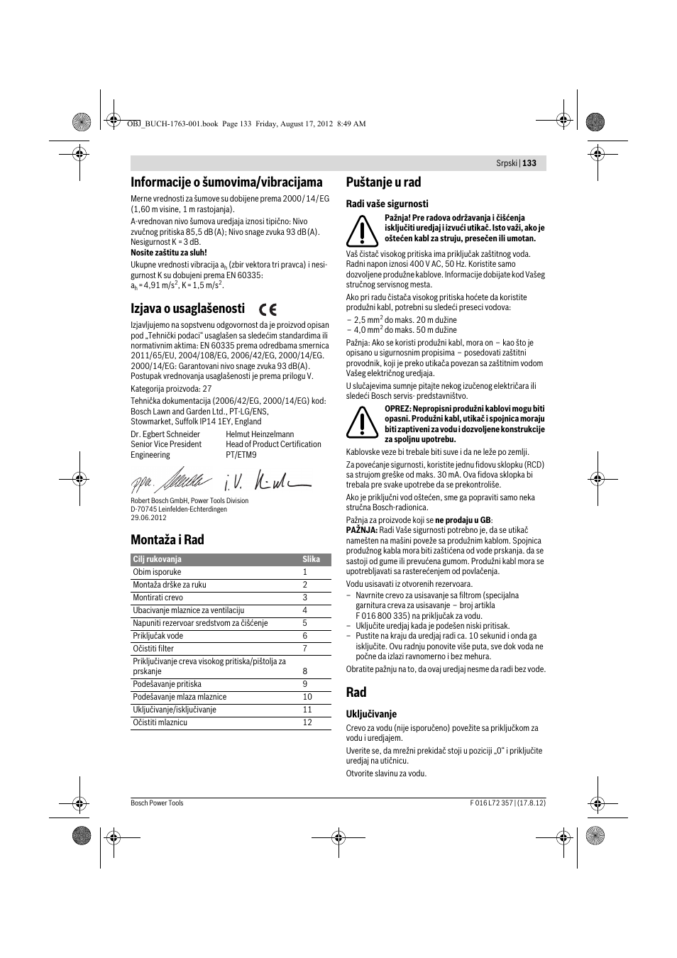 Informacije o šumovima/vibracijama, Izjava o usaglašenosti, Montaža i rad puštanje u rad | Bosch GHP 8-15 XD Professional User Manual | Page 133 / 182