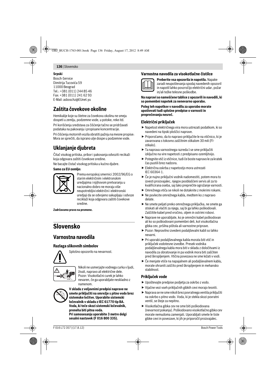 Slovensko, Zaštita čovekove okoline, Uklanjanje djubreta | Varnostna navodila | Bosch GHP 8-15 XD Professional User Manual | Page 136 / 182
