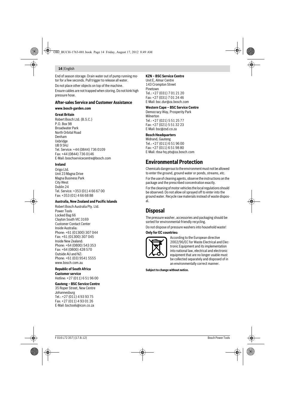 Environmental protection, Disposal | Bosch GHP 8-15 XD Professional User Manual | Page 14 / 182