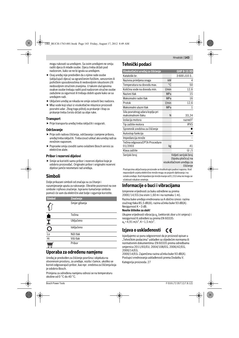 Simboli, Uporaba za određenu namjenu, Tehnički podaci informacije o buci i vibracijama | Izjava o usklađenosti | Bosch GHP 8-15 XD Professional User Manual | Page 143 / 182