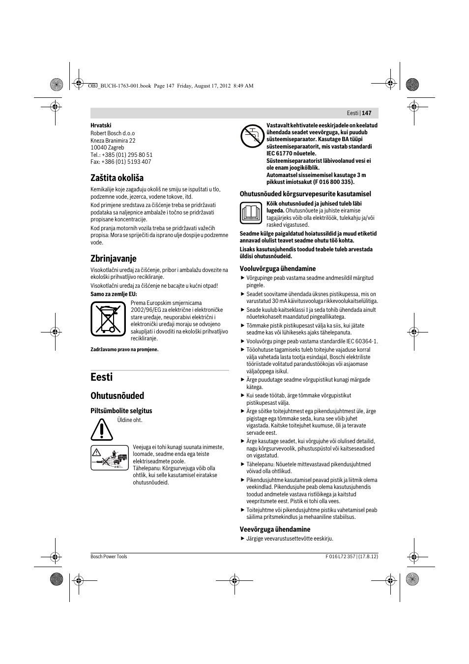 Eesti, Zaštita okoliša, Zbrinjavanje | Ohutusnõuded | Bosch GHP 8-15 XD Professional User Manual | Page 147 / 182