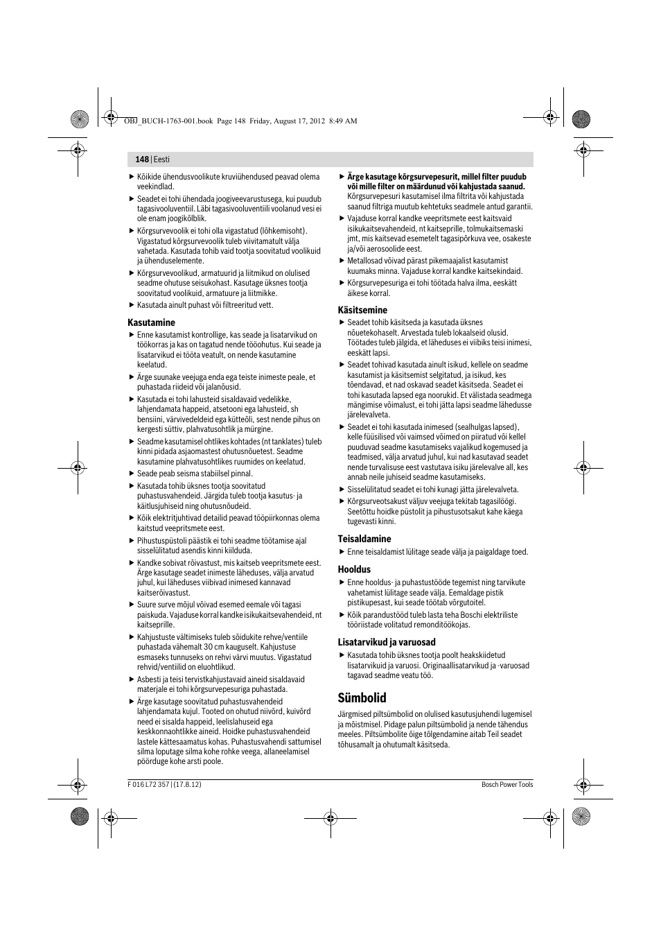 Sümbolid | Bosch GHP 8-15 XD Professional User Manual | Page 148 / 182