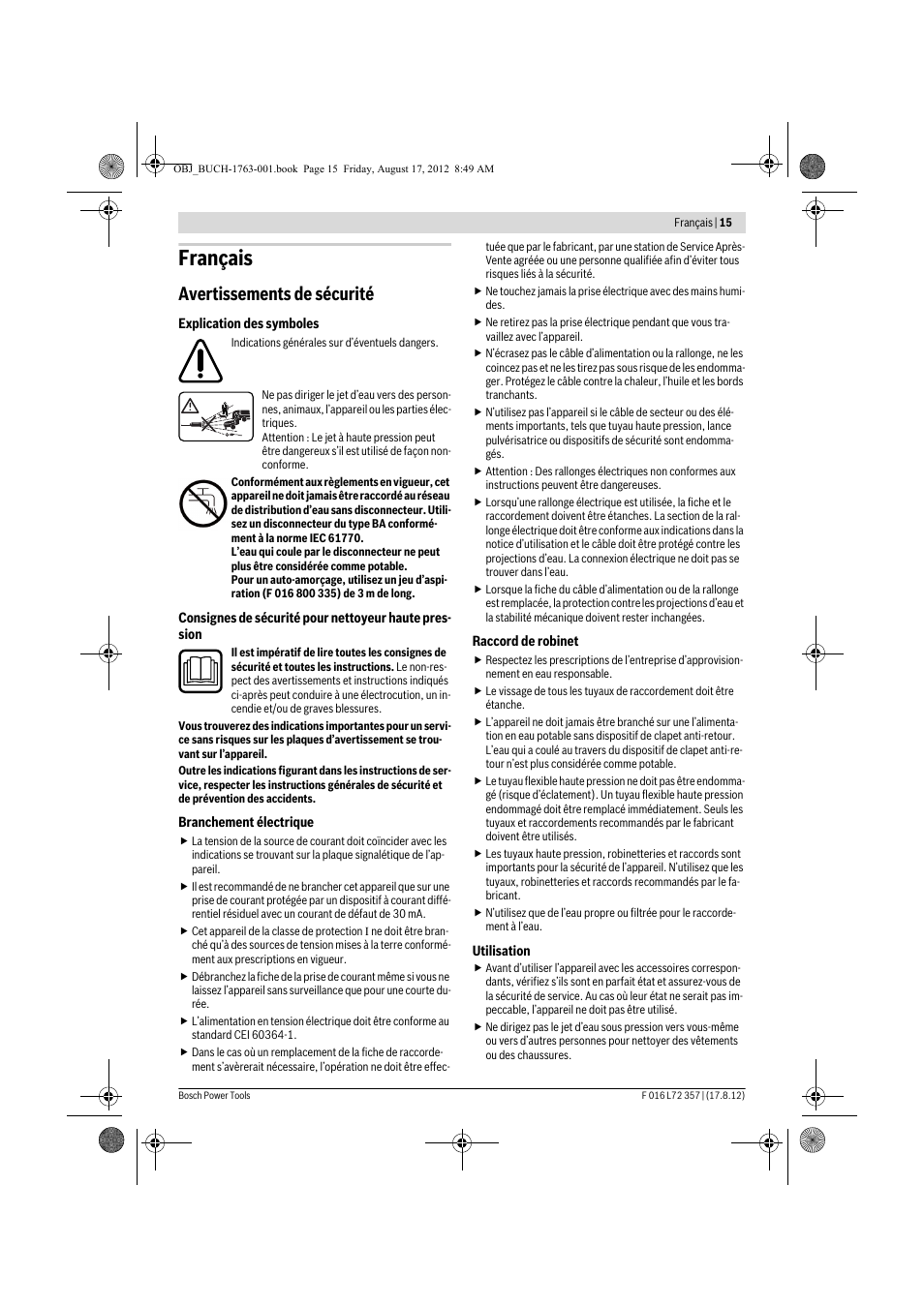 Français, Avertissements de sécurité | Bosch GHP 8-15 XD Professional User Manual | Page 15 / 182
