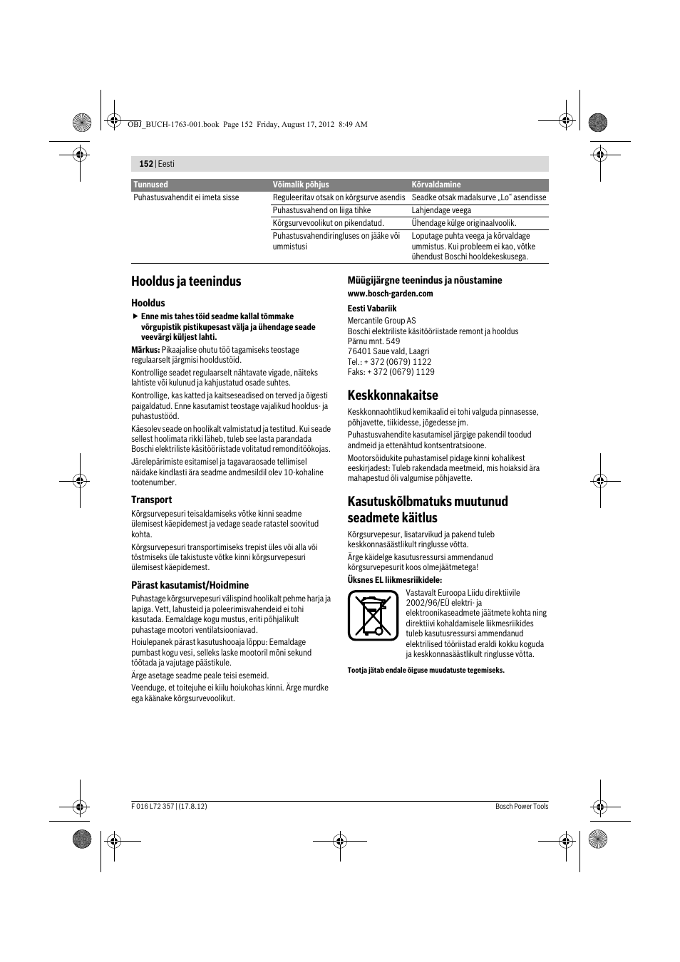 Hooldus ja teenindus, Keskkonnakaitse, Kasutuskõlbmatuks muutunud seadmete käitlus | Bosch GHP 8-15 XD Professional User Manual | Page 152 / 182