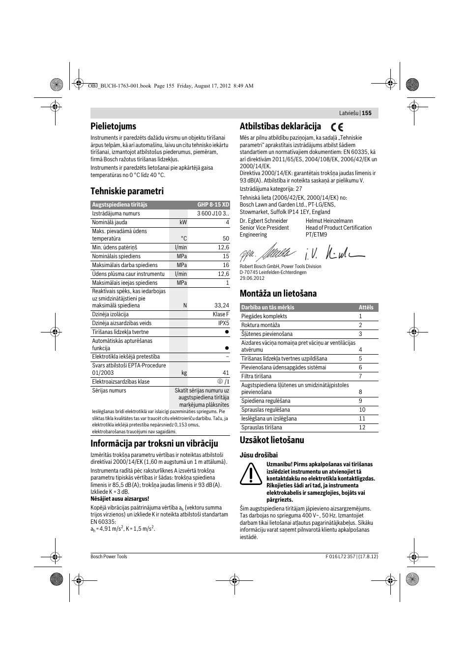 Pielietojums, Atbilstības deklarācija, Montāža un lietošana uzsākot lietošanu | Bosch GHP 8-15 XD Professional User Manual | Page 155 / 182