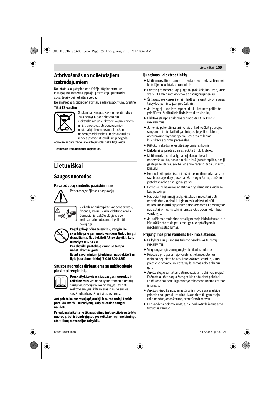 Lietuviškai, Atbrīvošanās no nolietotajiem izstrādājumiem, Saugos nuorodos | Bosch GHP 8-15 XD Professional User Manual | Page 159 / 182