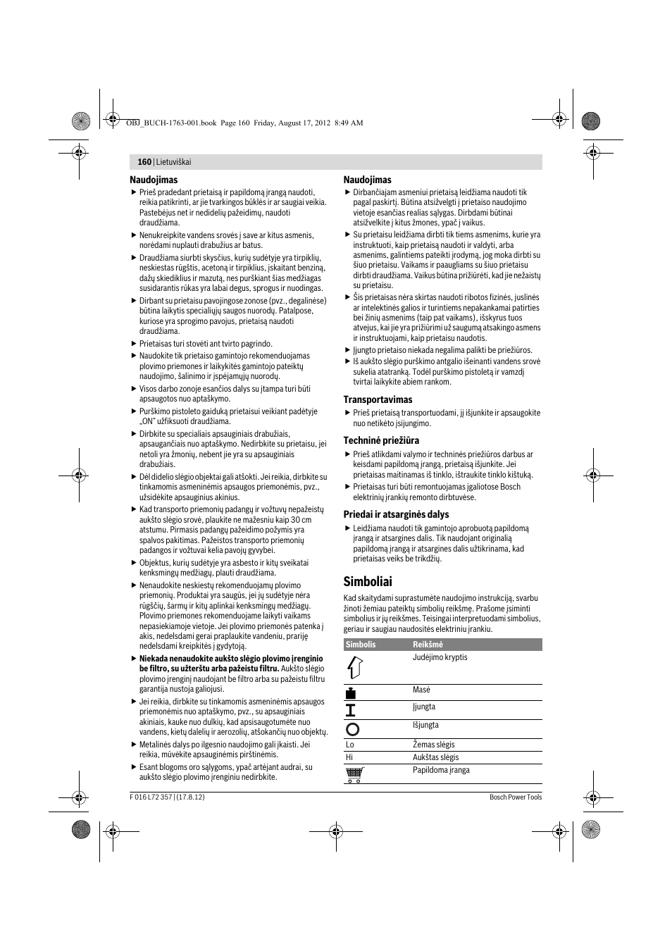 Simboliai | Bosch GHP 8-15 XD Professional User Manual | Page 160 / 182