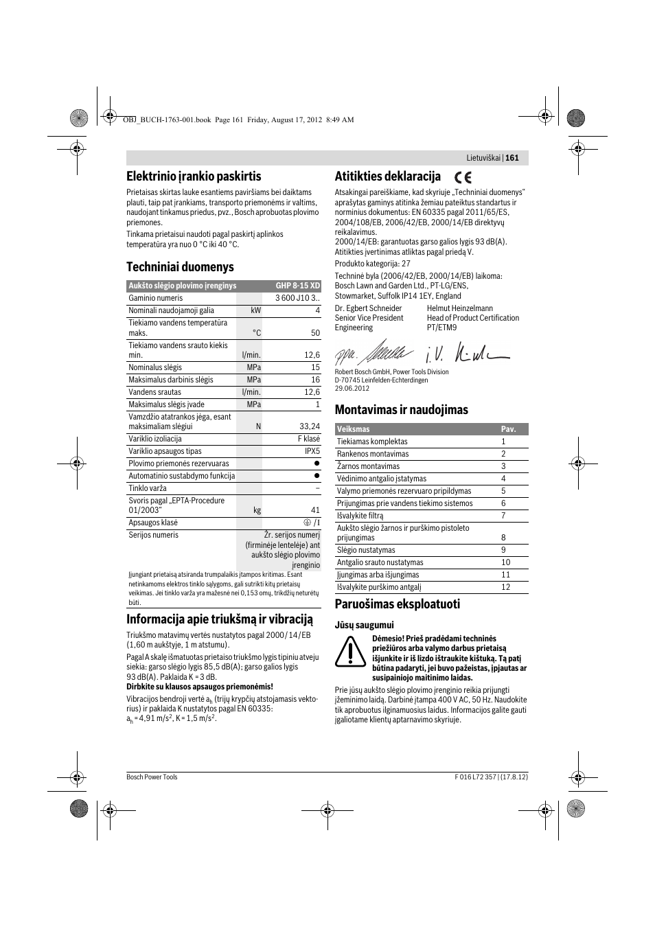 Elektrinio įrankio paskirtis, Atitikties deklaracija, Montavimas ir naudojimas paruošimas eksploatuoti | Bosch GHP 8-15 XD Professional User Manual | Page 161 / 182