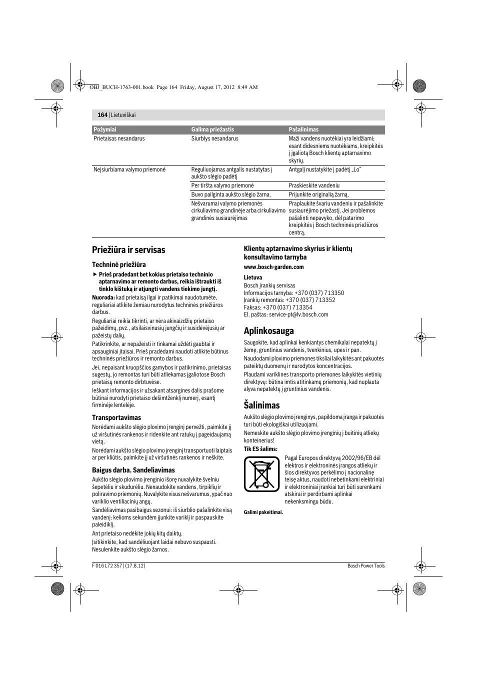 Priežiūra ir servisas, Aplinkosauga, Šalinimas | Bosch GHP 8-15 XD Professional User Manual | Page 164 / 182