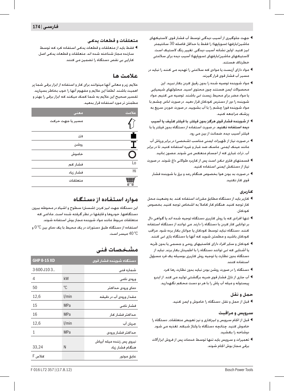 ﺎﻫ ﺖﻣﻼﻋ, ﻩﺎﮕﺘﺳﺩ ﺯﺍ ﻩﺩﺎﻔﺘﺳﺍ ﺩﺭﺍﻮﻣ, ﯽﻨﻓ ﺕﺎﺼﺨﺸﻣ | ﯽﺳﺭﺎﻓ | Bosch GHP 8-15 XD Professional User Manual | Page 174 / 182