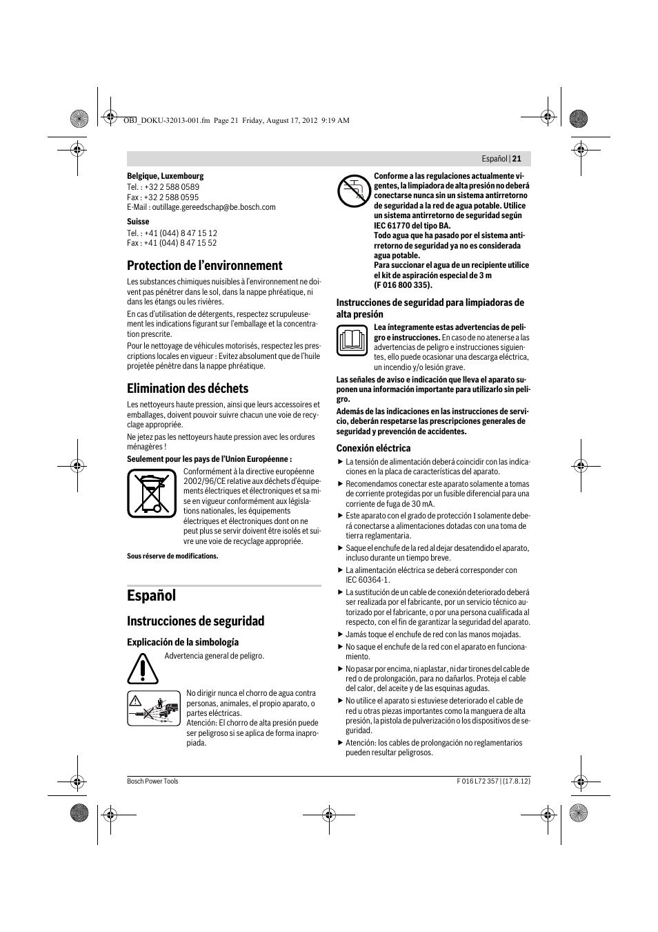 Español, Protection de l’environnement, Elimination des déchets | Instrucciones de seguridad | Bosch GHP 8-15 XD Professional User Manual | Page 21 / 182