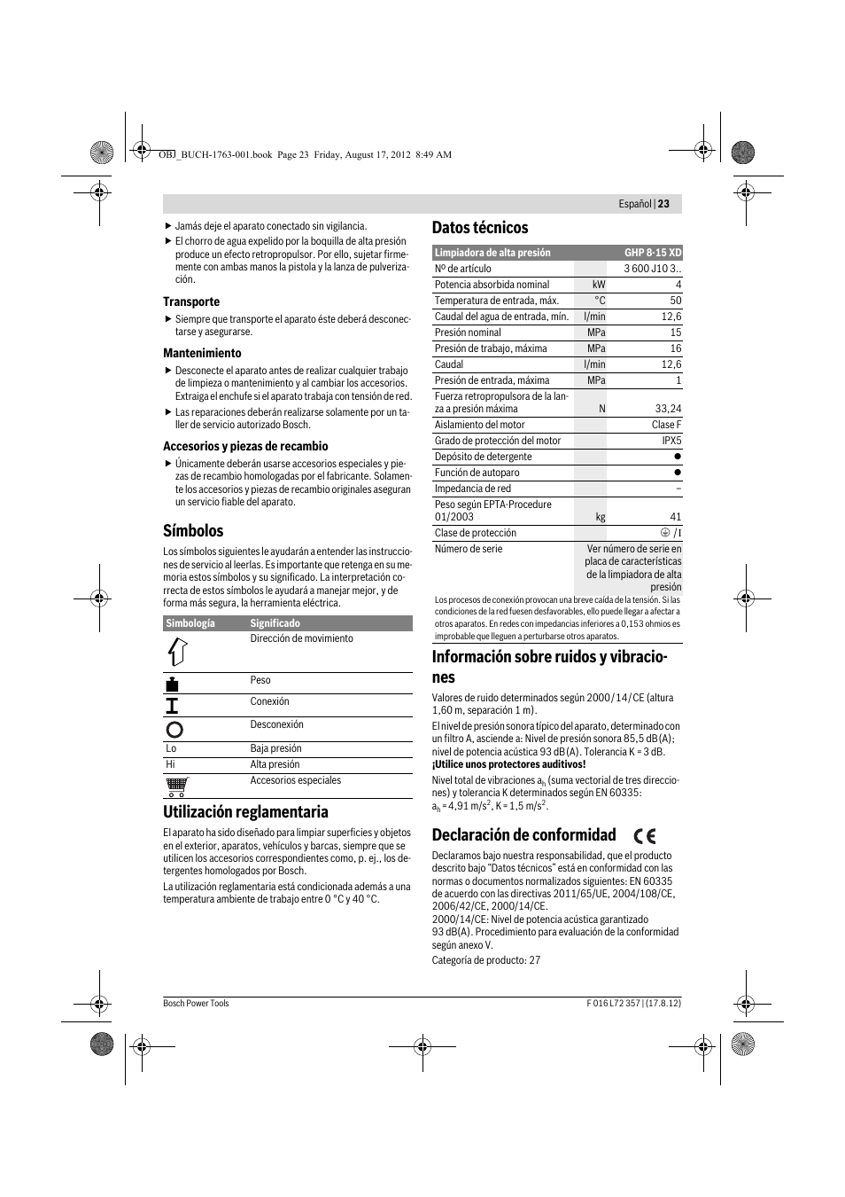 Símbolos, Utilización reglamentaria, Declaración de conformidad | Bosch GHP 8-15 XD Professional User Manual | Page 23 / 182