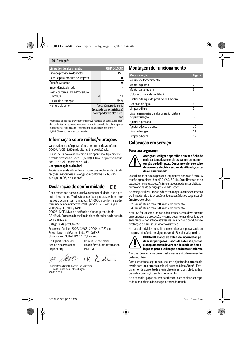 Informação sobre ruídos/vibrações, Declaração de conformidade, Montagem de funcionamento colocação em serviço | Bosch GHP 8-15 XD Professional User Manual | Page 30 / 182