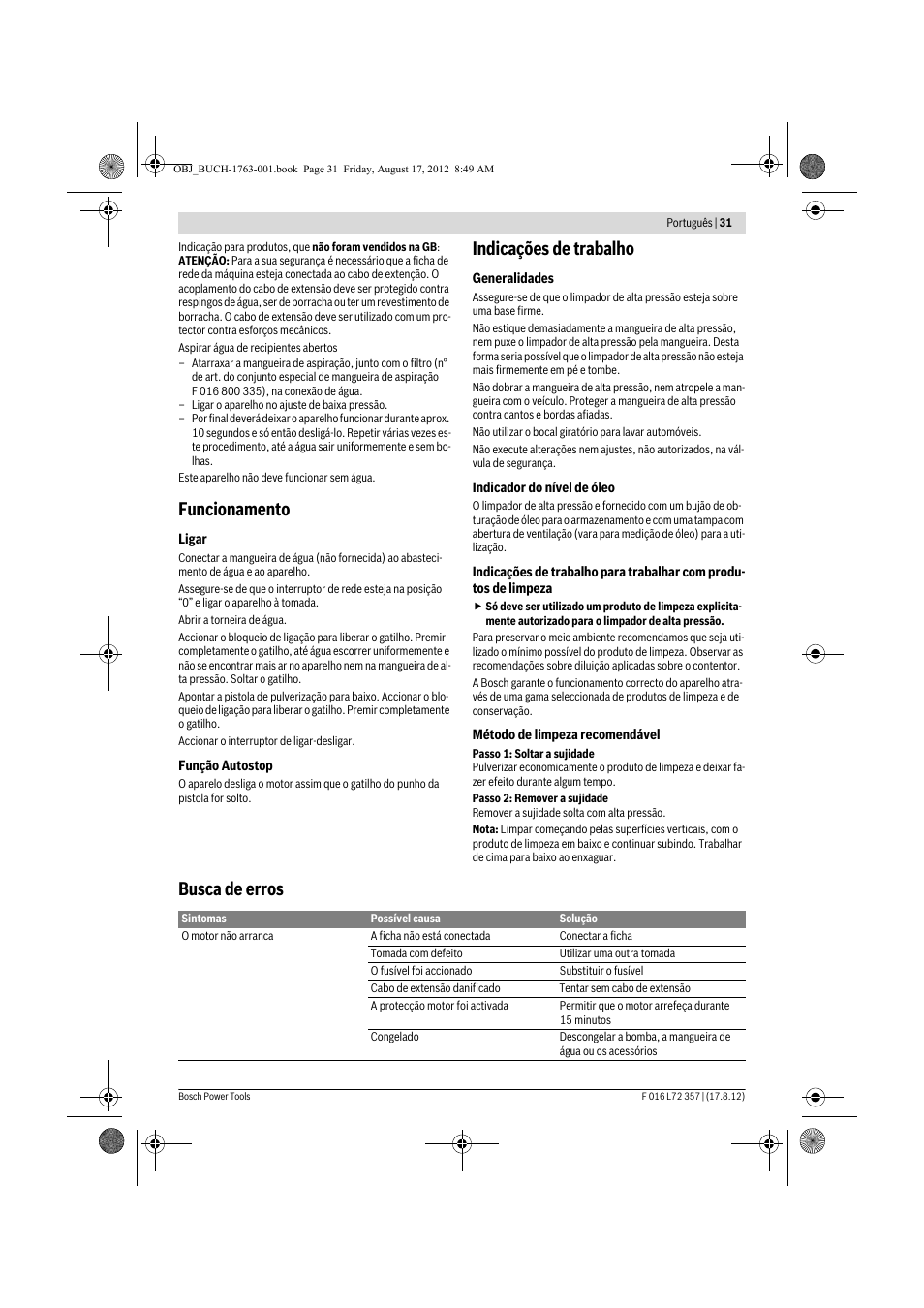 Funcionamento, Indicações de trabalho, Busca de erros | Bosch GHP 8-15 XD Professional User Manual | Page 31 / 182