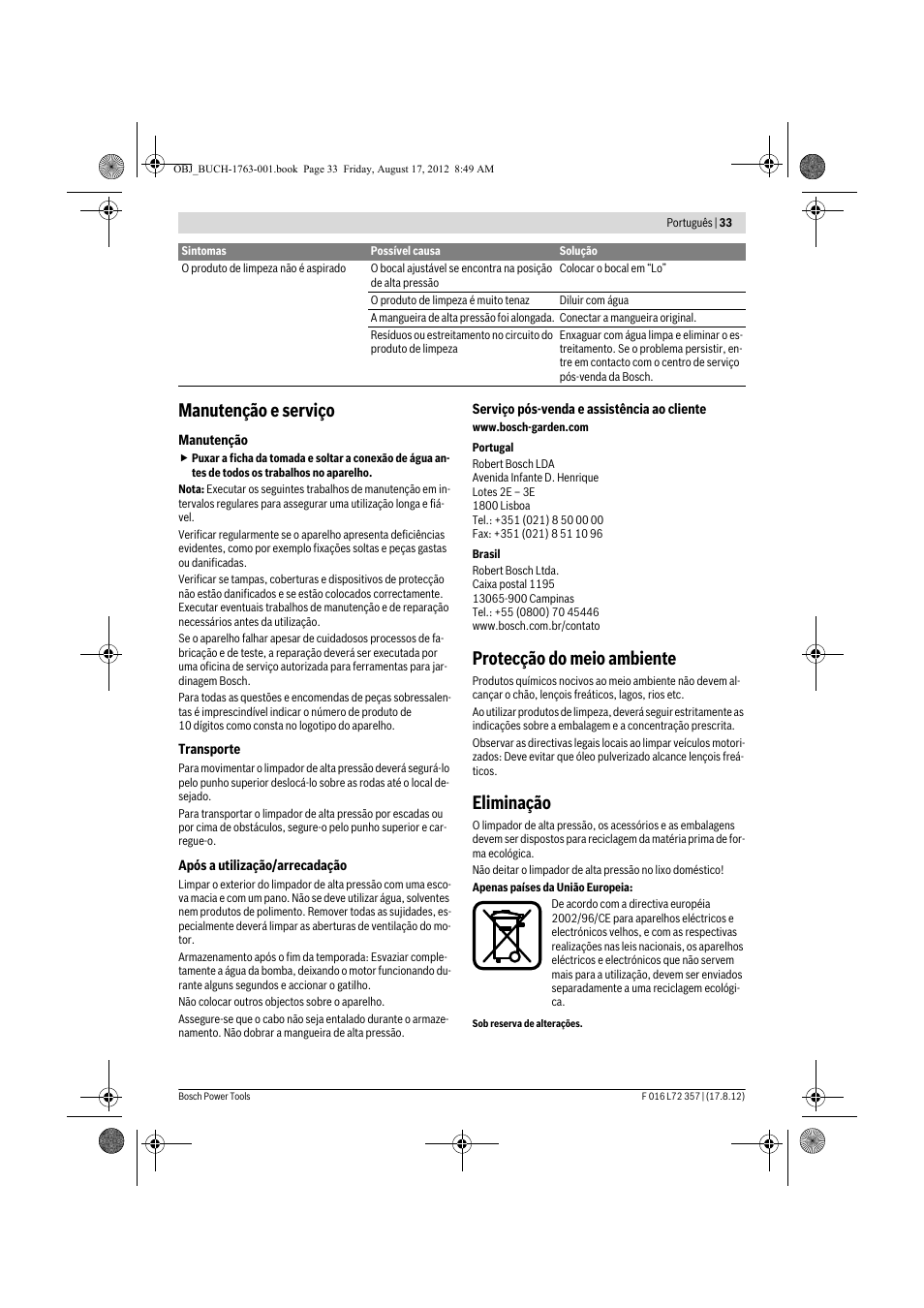 Manutenção e serviço, Protecção do meio ambiente, Eliminação | Bosch GHP 8-15 XD Professional User Manual | Page 33 / 182