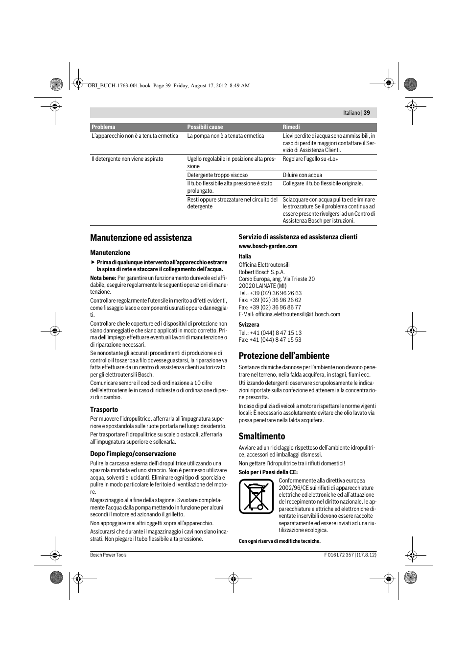 Manutenzione ed assistenza, Protezione dell’ambiente, Smaltimento | Bosch GHP 8-15 XD Professional User Manual | Page 39 / 182