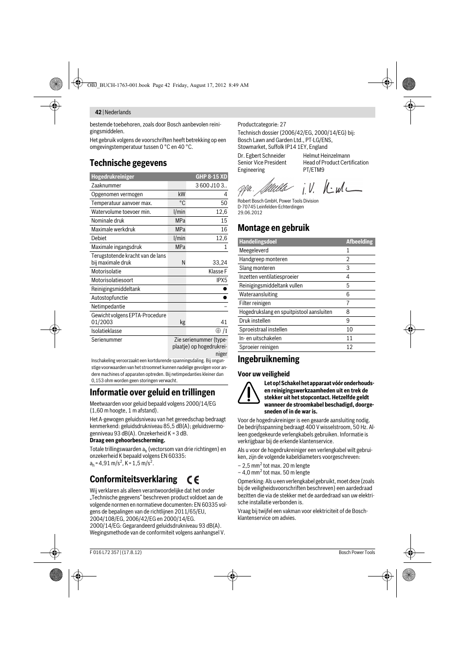 Conformiteitsverklaring, Montage en gebruik ingebruikneming | Bosch GHP 8-15 XD Professional User Manual | Page 42 / 182