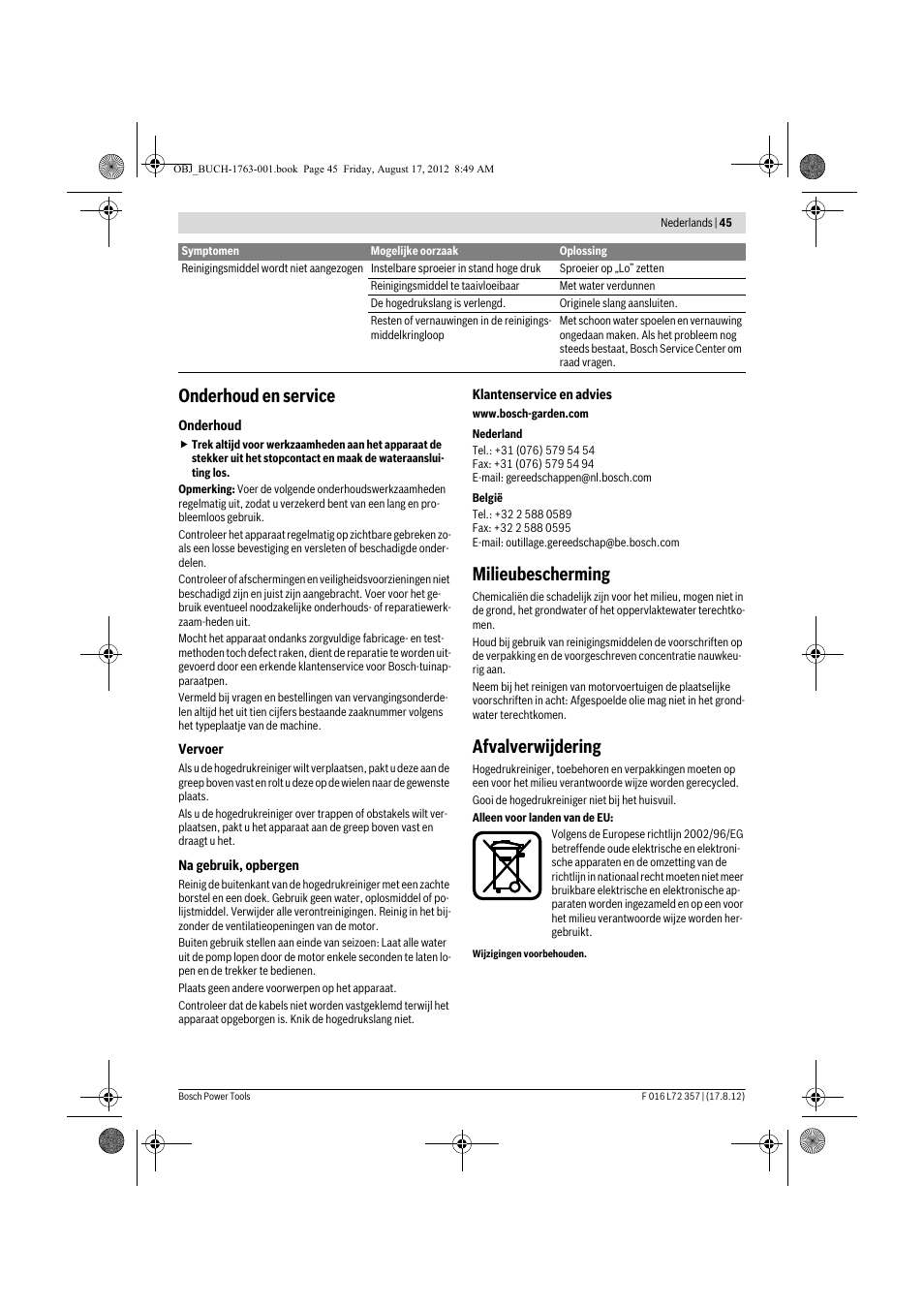 Onderhoud en service, Milieubescherming, Afvalverwijdering | Bosch GHP 8-15 XD Professional User Manual | Page 45 / 182