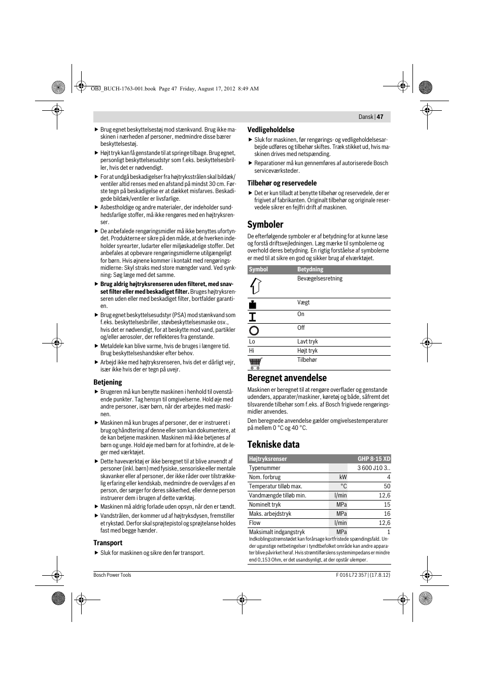 Symboler, Beregnet anvendelse, Tekniske data | Bosch GHP 8-15 XD Professional User Manual | Page 47 / 182