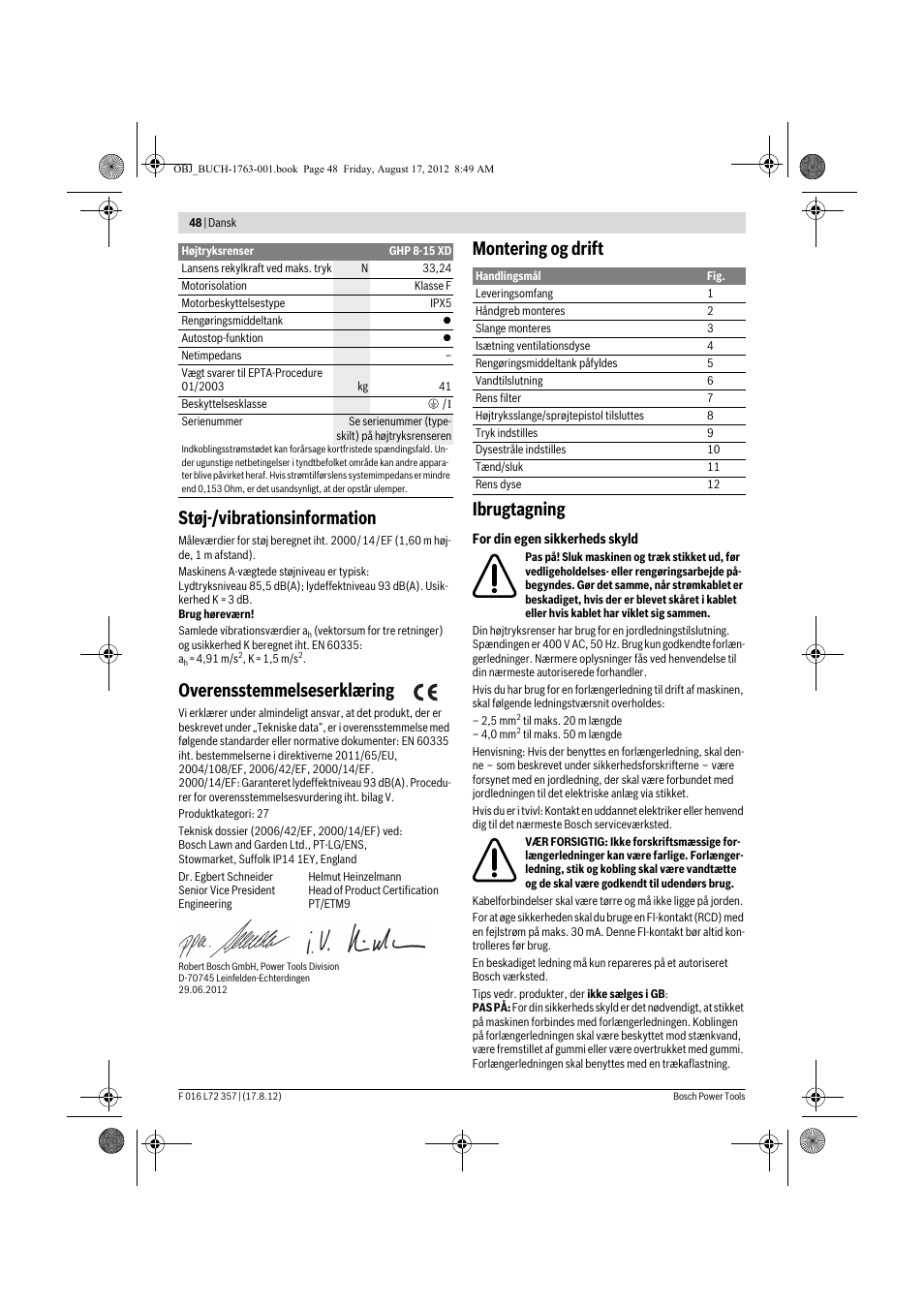 Støj-/vibrationsinformation, Overensstemmelseserklæring, Montering og drift ibrugtagning | Bosch GHP 8-15 XD Professional User Manual | Page 48 / 182