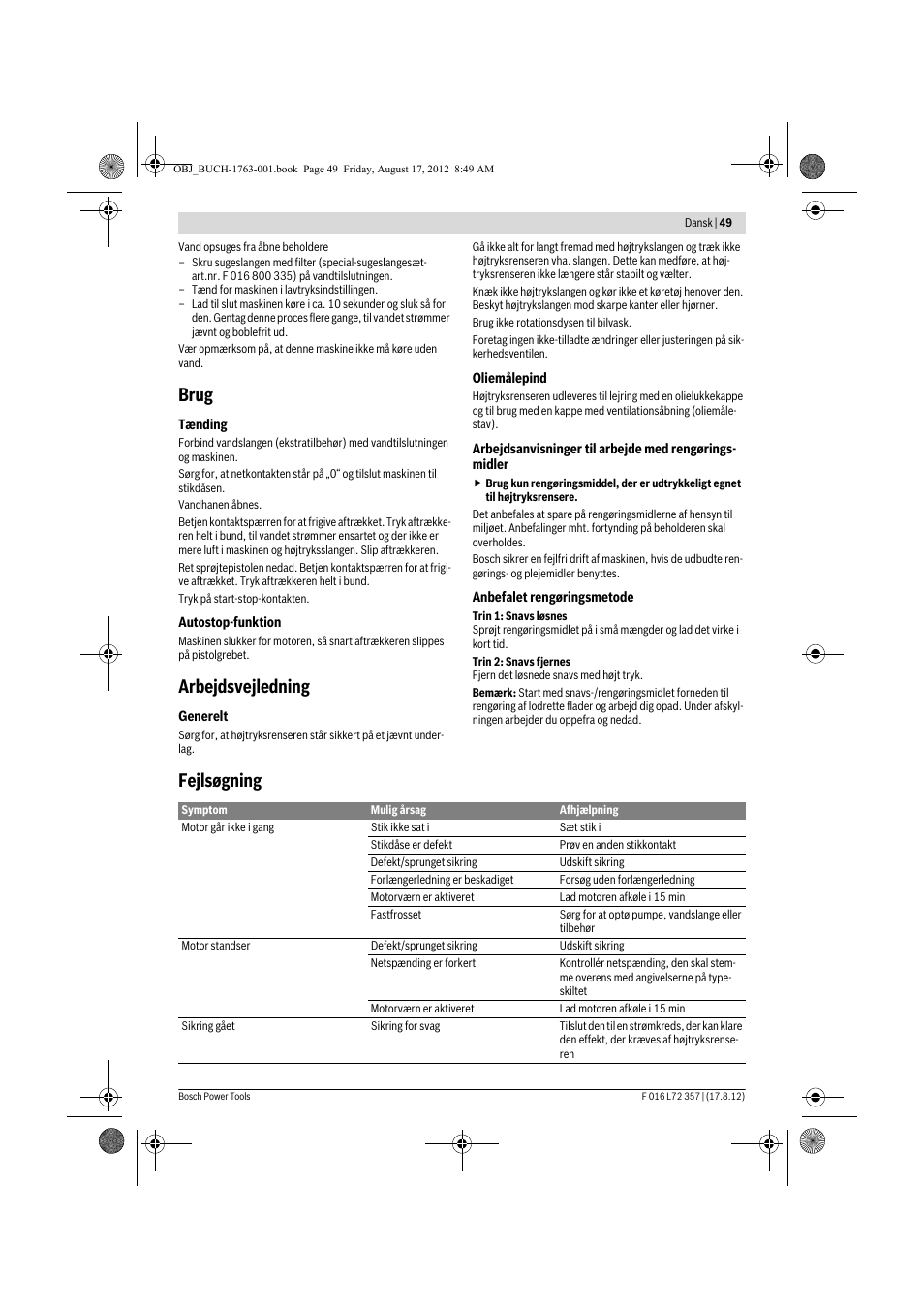 Brug, Arbejdsvejledning, Fejlsøgning | Bosch GHP 8-15 XD Professional User Manual | Page 49 / 182