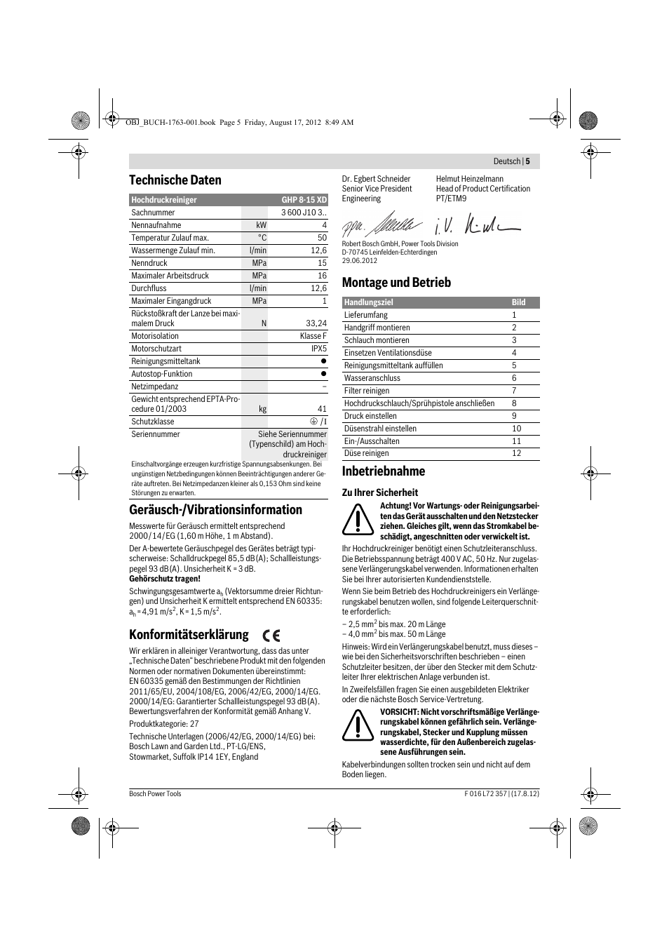 Technische daten geräusch-/vibrationsinformation, Konformitätserklärung, Montage und betrieb inbetriebnahme | Bosch GHP 8-15 XD Professional User Manual | Page 5 / 182