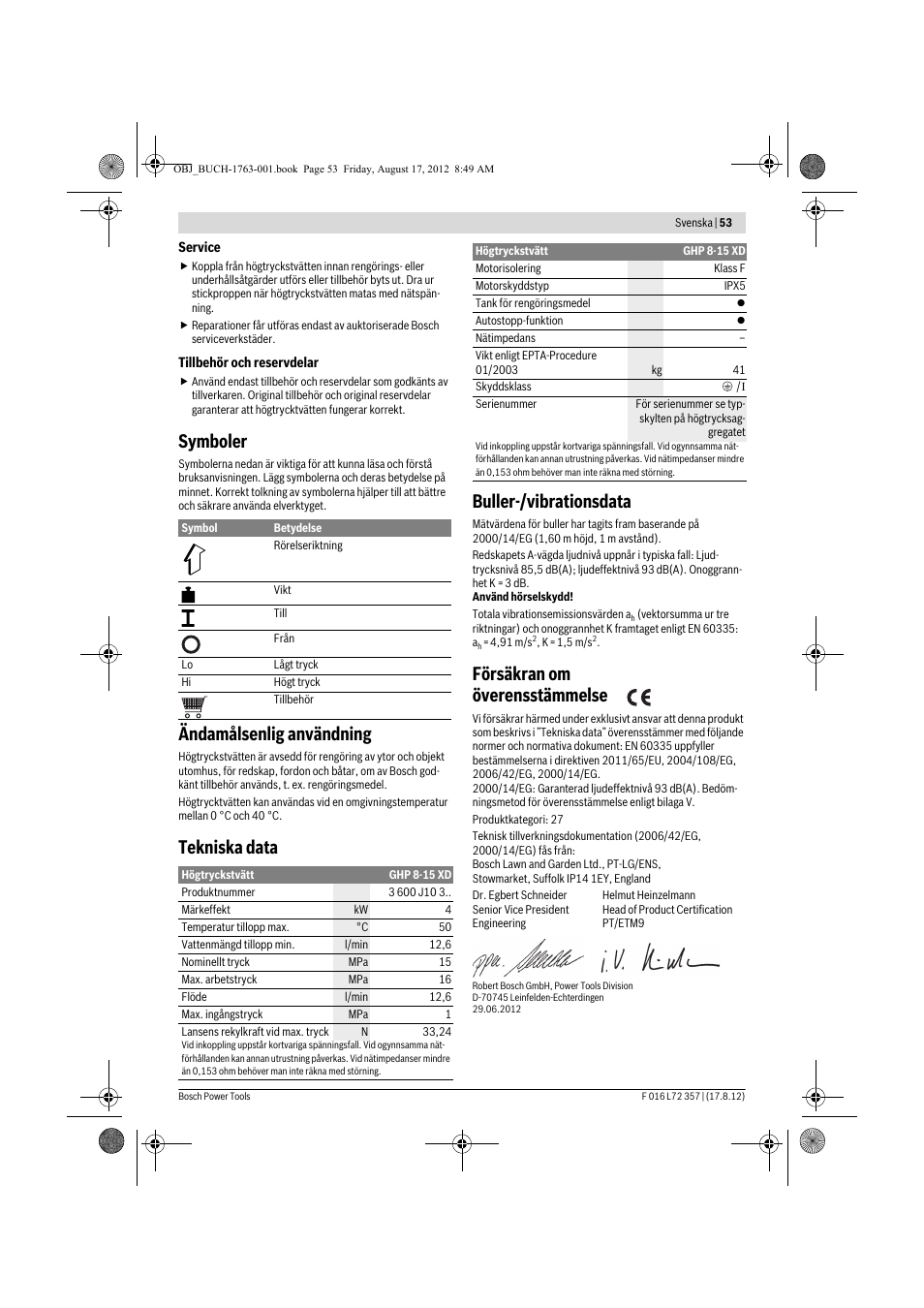 Symboler, Ändamålsenlig användning, Tekniska data buller-/vibrationsdata | Försäkran om överensstämmelse | Bosch GHP 8-15 XD Professional User Manual | Page 53 / 182