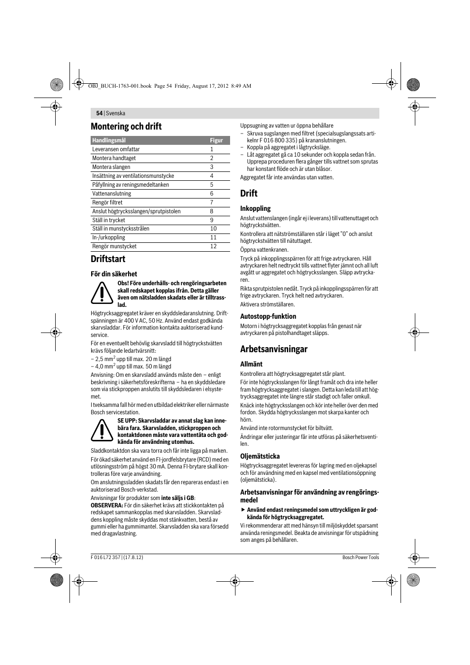 Montering och drift driftstart, Drift, Arbetsanvisningar | Bosch GHP 8-15 XD Professional User Manual | Page 54 / 182