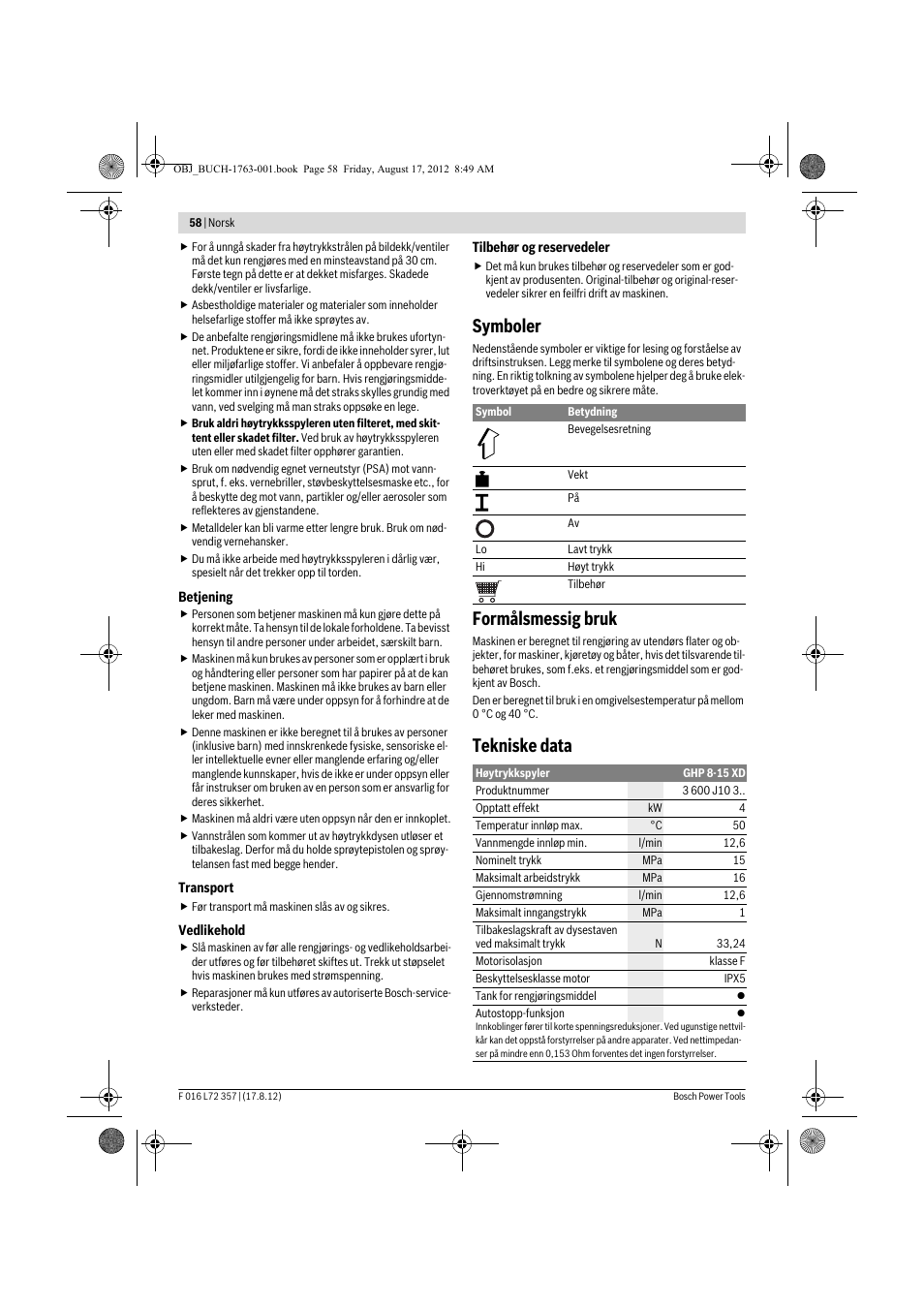 Symboler, Formålsmessig bruk, Tekniske data | Bosch GHP 8-15 XD Professional User Manual | Page 58 / 182