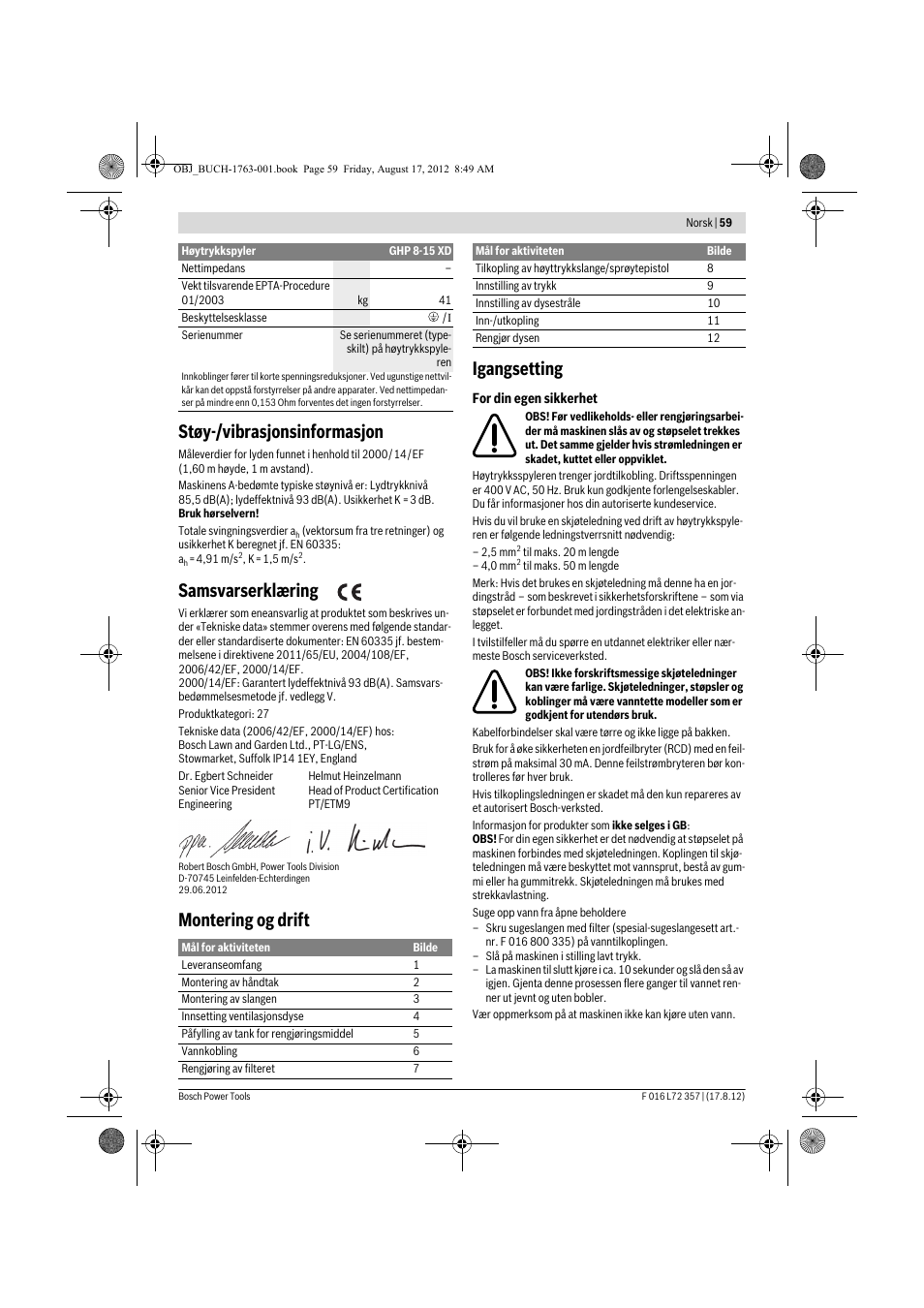 Støy-/vibrasjonsinformasjon, Samsvarserklæring, Montering og drift igangsetting | Bosch GHP 8-15 XD Professional User Manual | Page 59 / 182