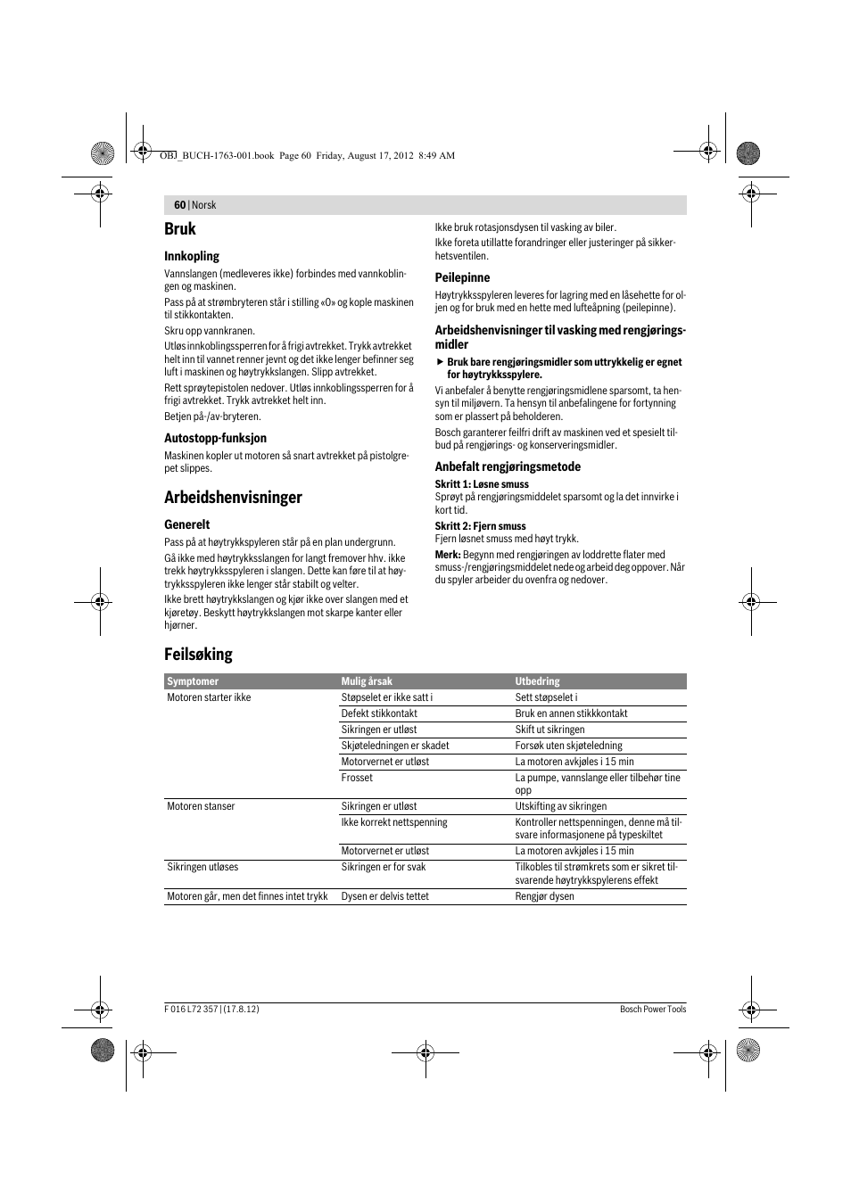 Bruk, Arbeidshenvisninger, Feilsøking | Bosch GHP 8-15 XD Professional User Manual | Page 60 / 182