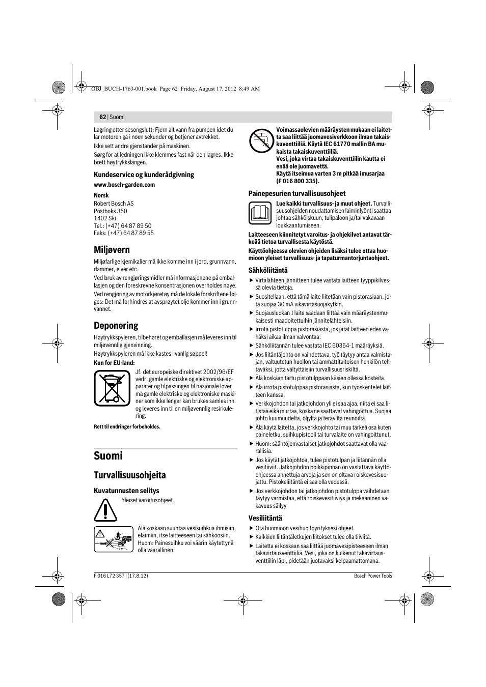 Suomi, Miljøvern, Deponering | Turvallisuusohjeita | Bosch GHP 8-15 XD Professional User Manual | Page 62 / 182