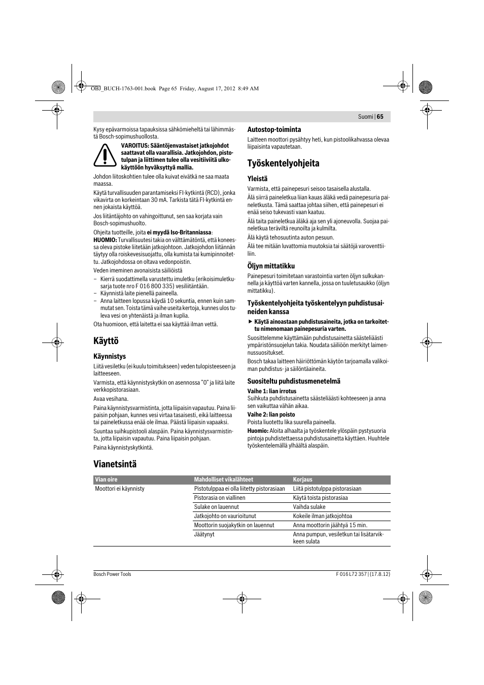 Käyttö, Työskentelyohjeita, Vianetsintä | Bosch GHP 8-15 XD Professional User Manual | Page 65 / 182