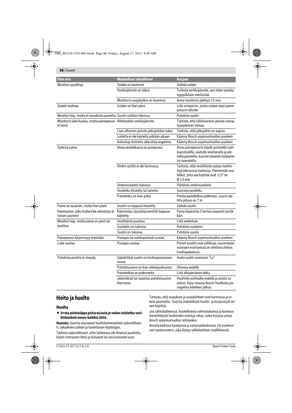 Hoito ja huolto | Bosch GHP 8-15 XD Professional User Manual | Page 66 / 182